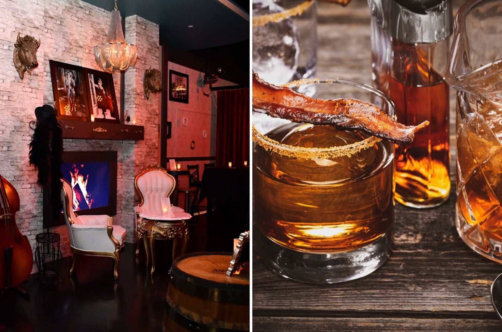 Collage of las vegas speakeasy 1923 Prohibition Bar and signature Old Fashioned cocktail