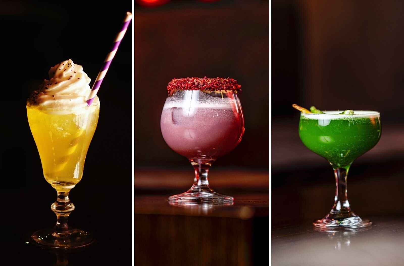 Three colorful cocktails at las vegas speakeasy Mike Morey’s Sip’N’Tip