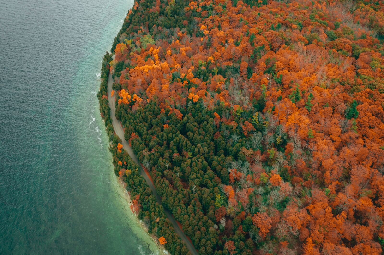 Aerial view of autumn forest in Peninsula State Park, Wisconsin. Road by the lake