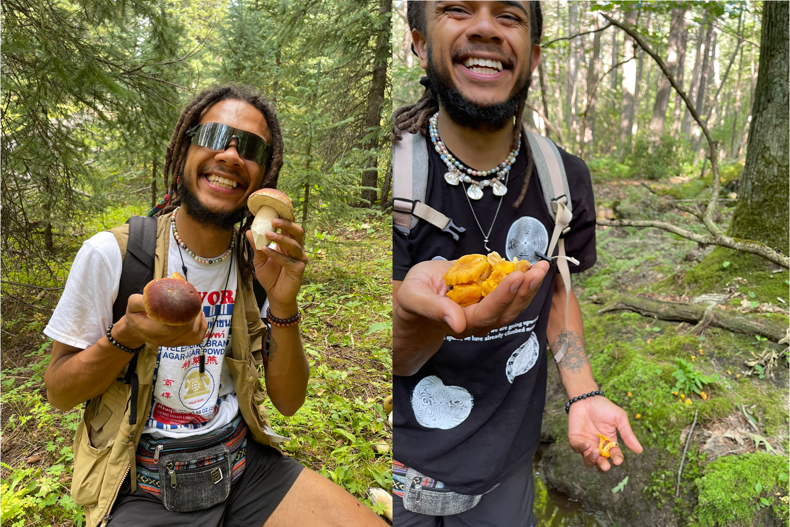 will padilla-brown smiling and holding two types of mushrooms in his hands in a forest while wearing a backpack - mushroom foraging