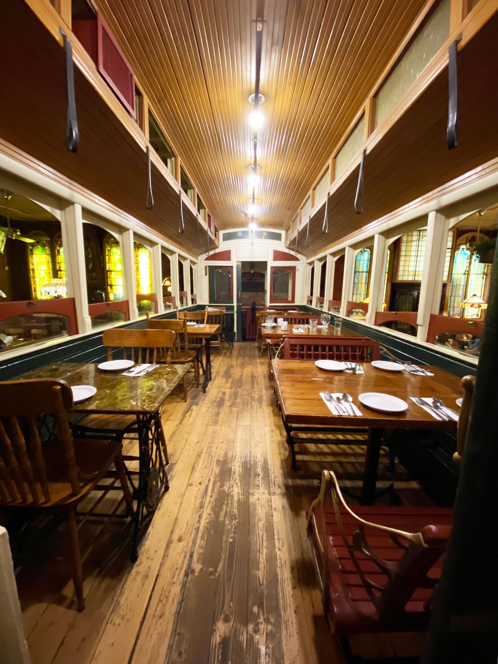 Interior of the trolley car inside the The Old Spaghetti Factory Vancouver