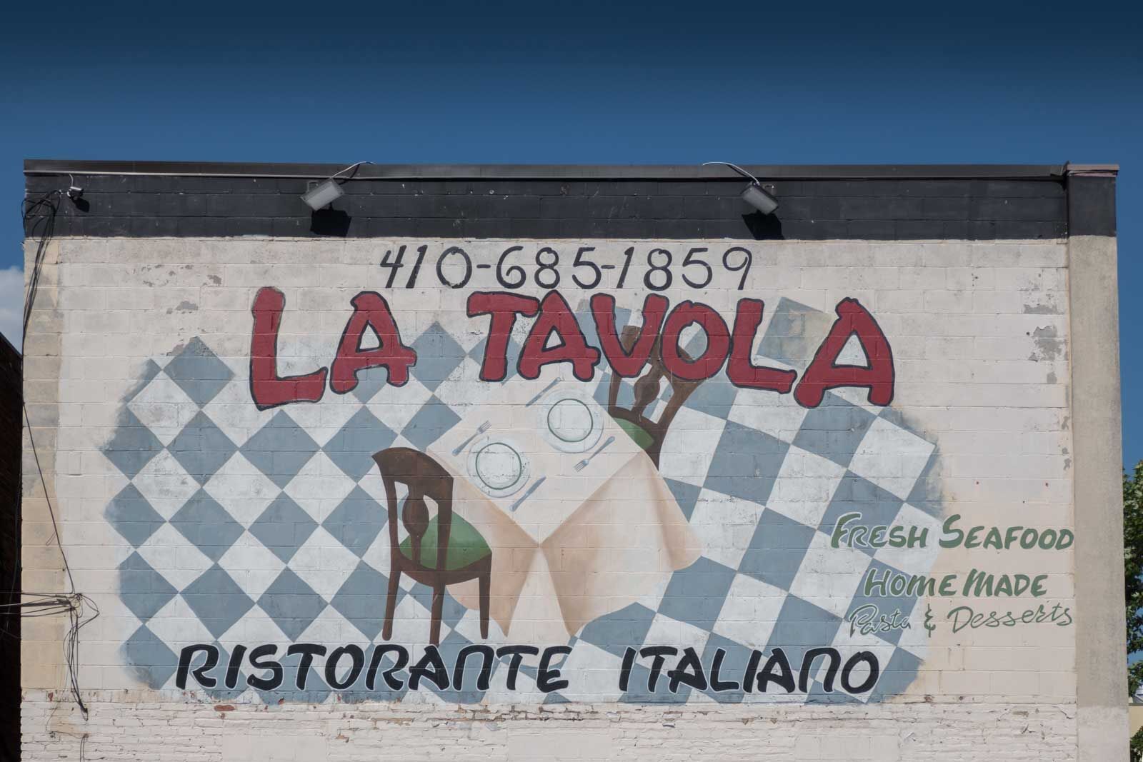 Mural on the wall outside La Travola, one of the Baltimore Little Italy Italian restaurants