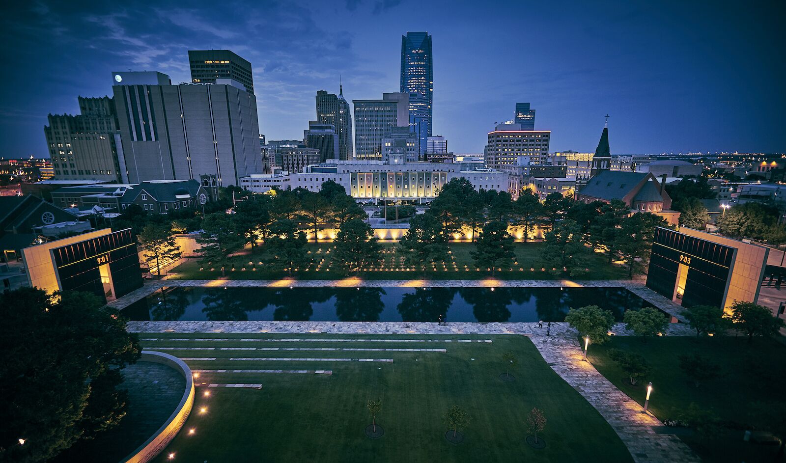 Oklahoma City bombing memorial at night from above, museums in Oklahoma City