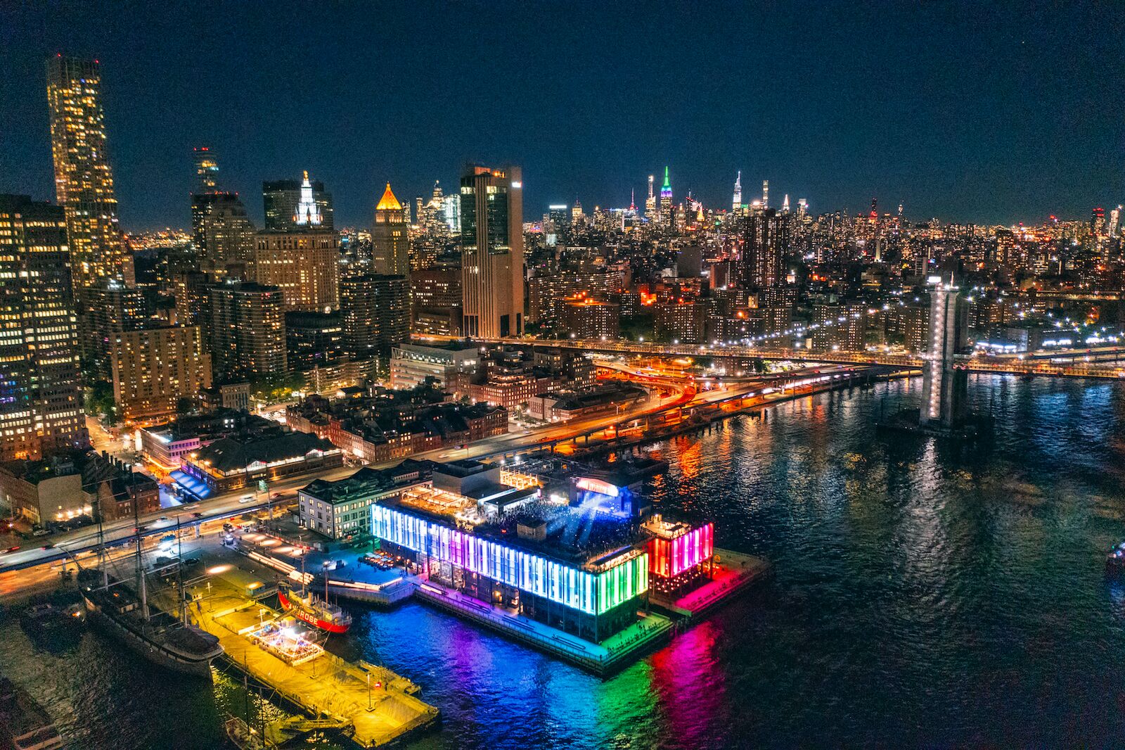 An ariel view of the South Street Seaport at night
