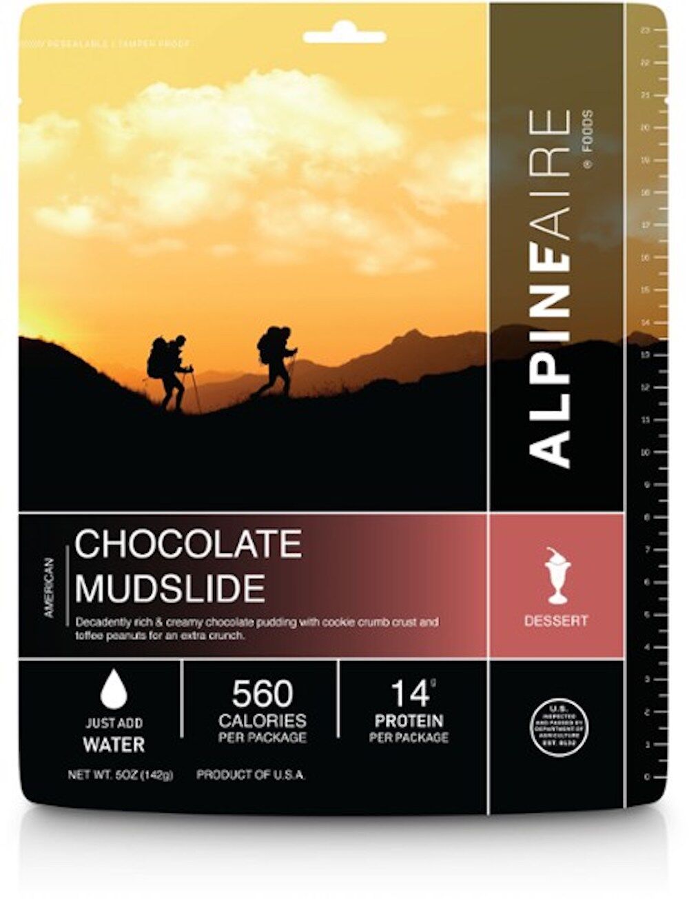 Packaging for AlpineAire chocolate mudslide depicts two hikers at sunset