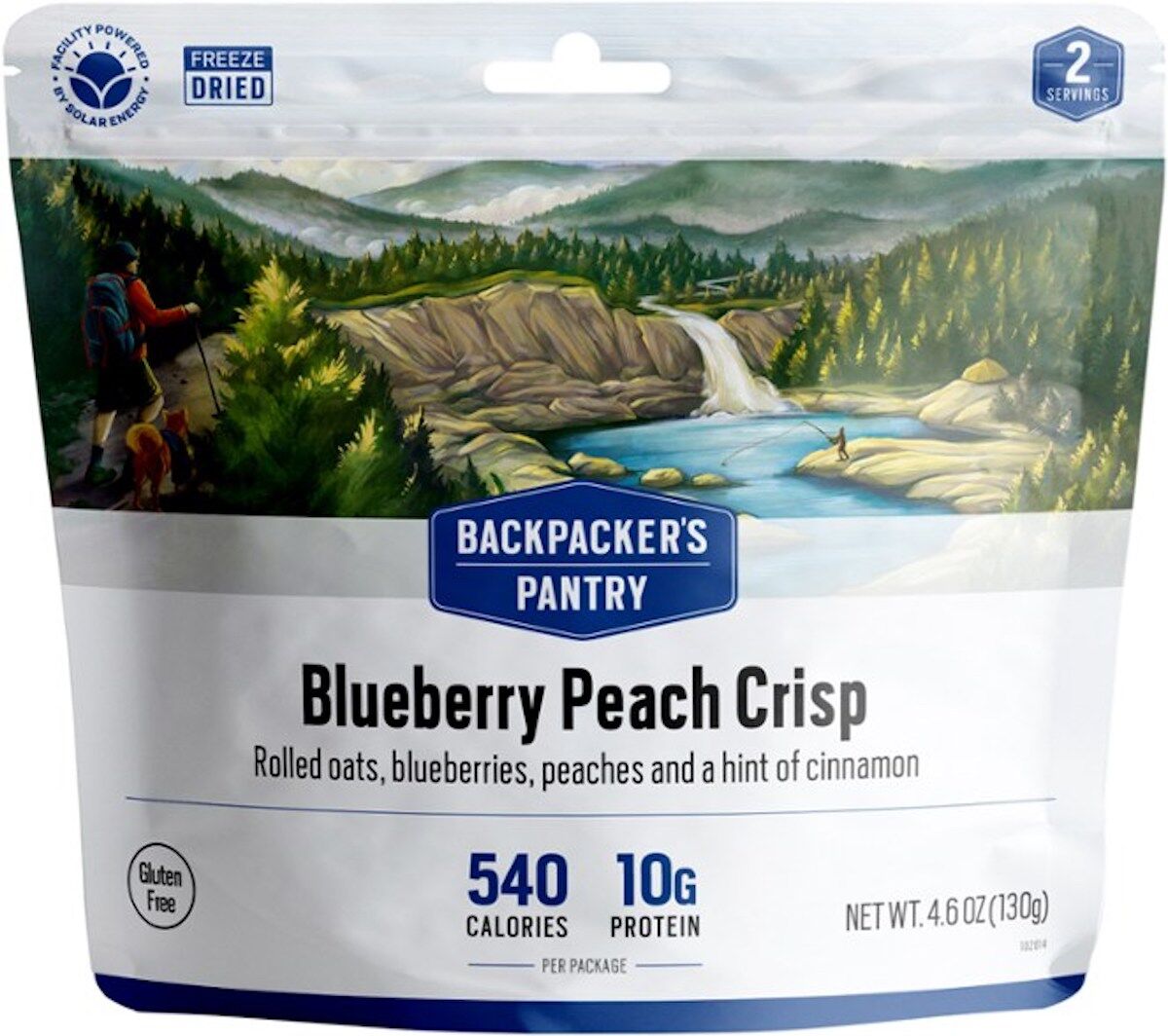 Backpacker's Pantry peach bluberry crisp with a illustration of a river on the packaging
