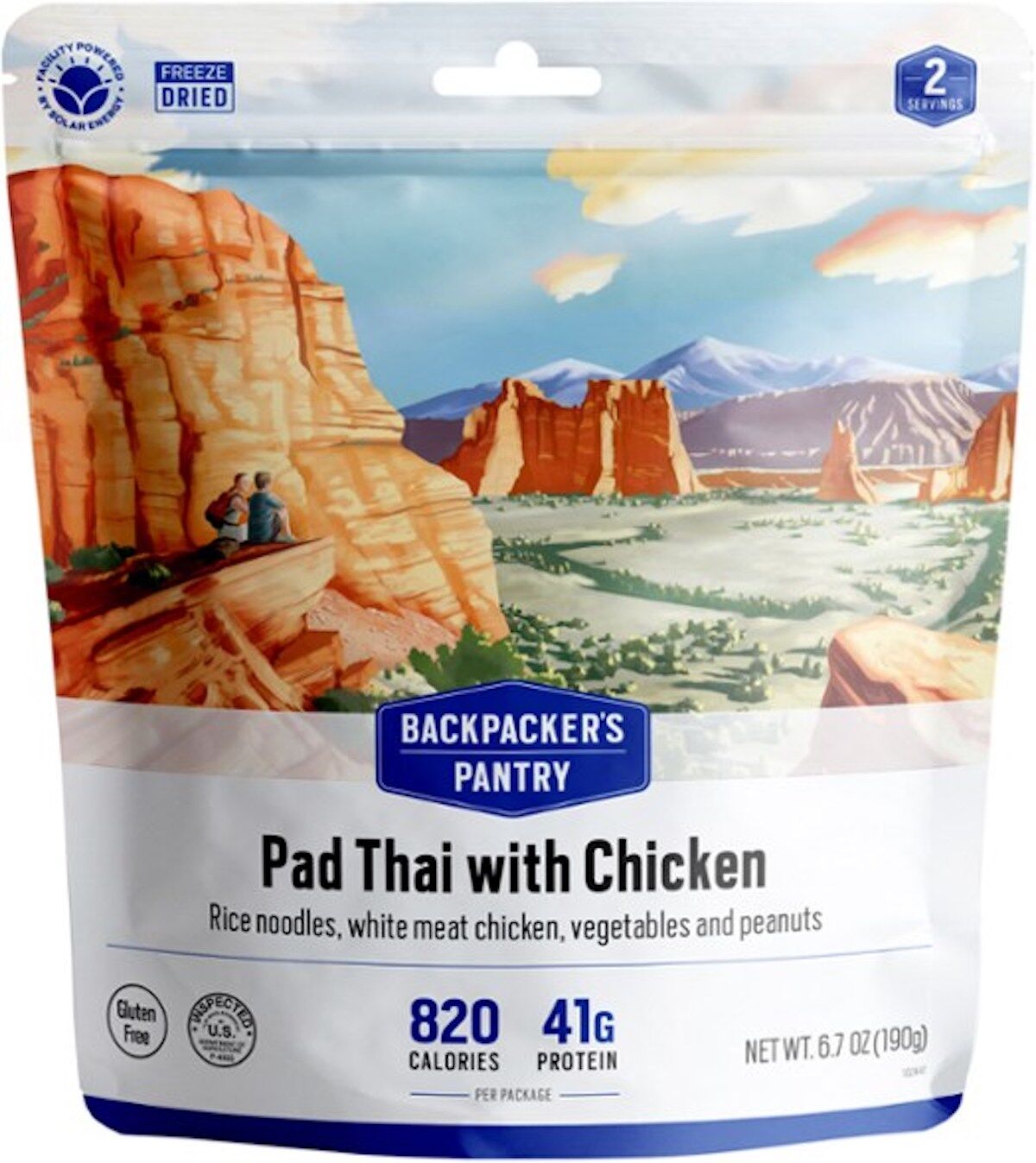 Backpacker's Pantry Pad Thai has an image of two people hiking on a mountain on the label