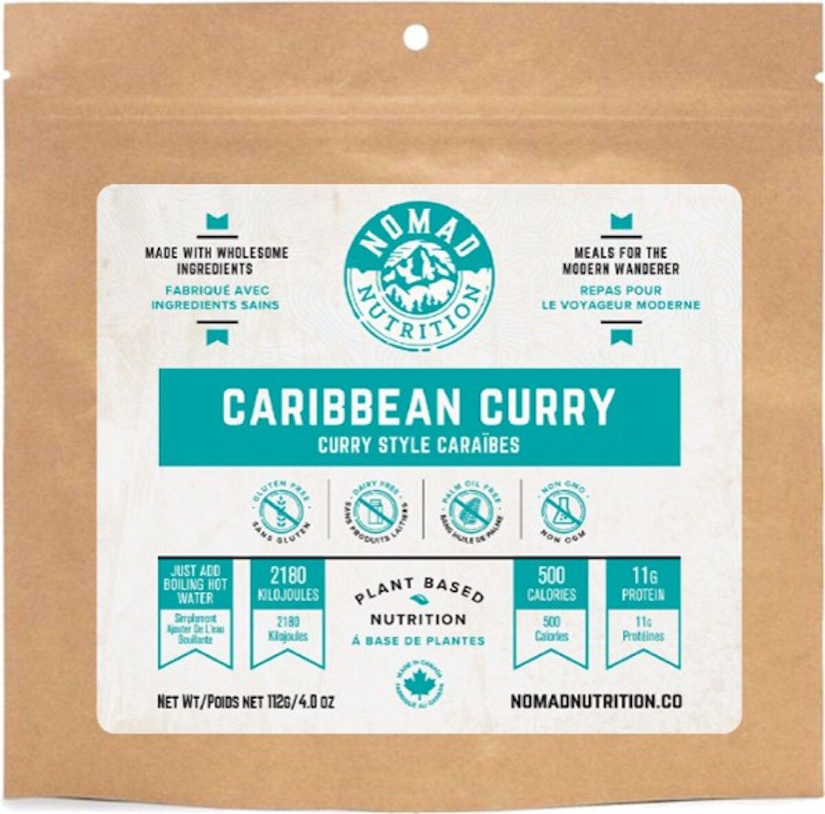 Brown paper packaging for Nomad Nutrition Caribbean Curry with blue and white label