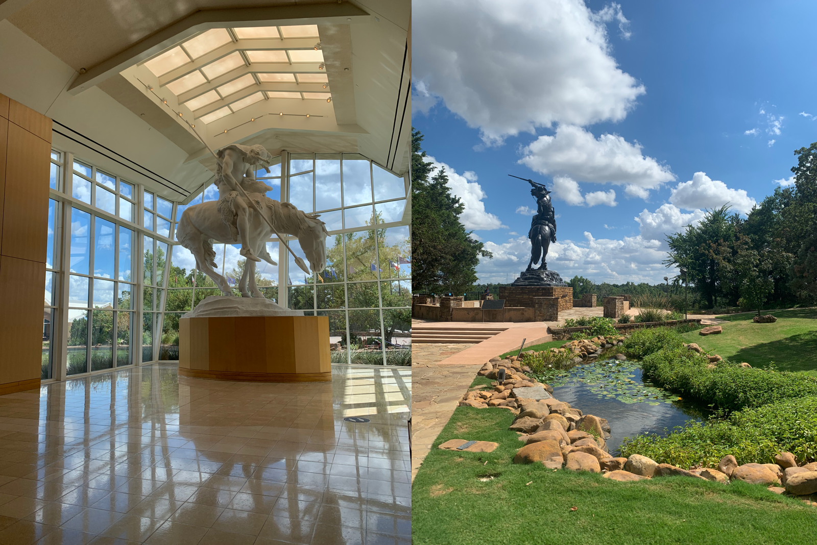 side by side photo of white end of the trail statue and buffalo bill cody bronze statue at National-Cowboy-Western-Heritage-Museum, museums in Oklahoma City