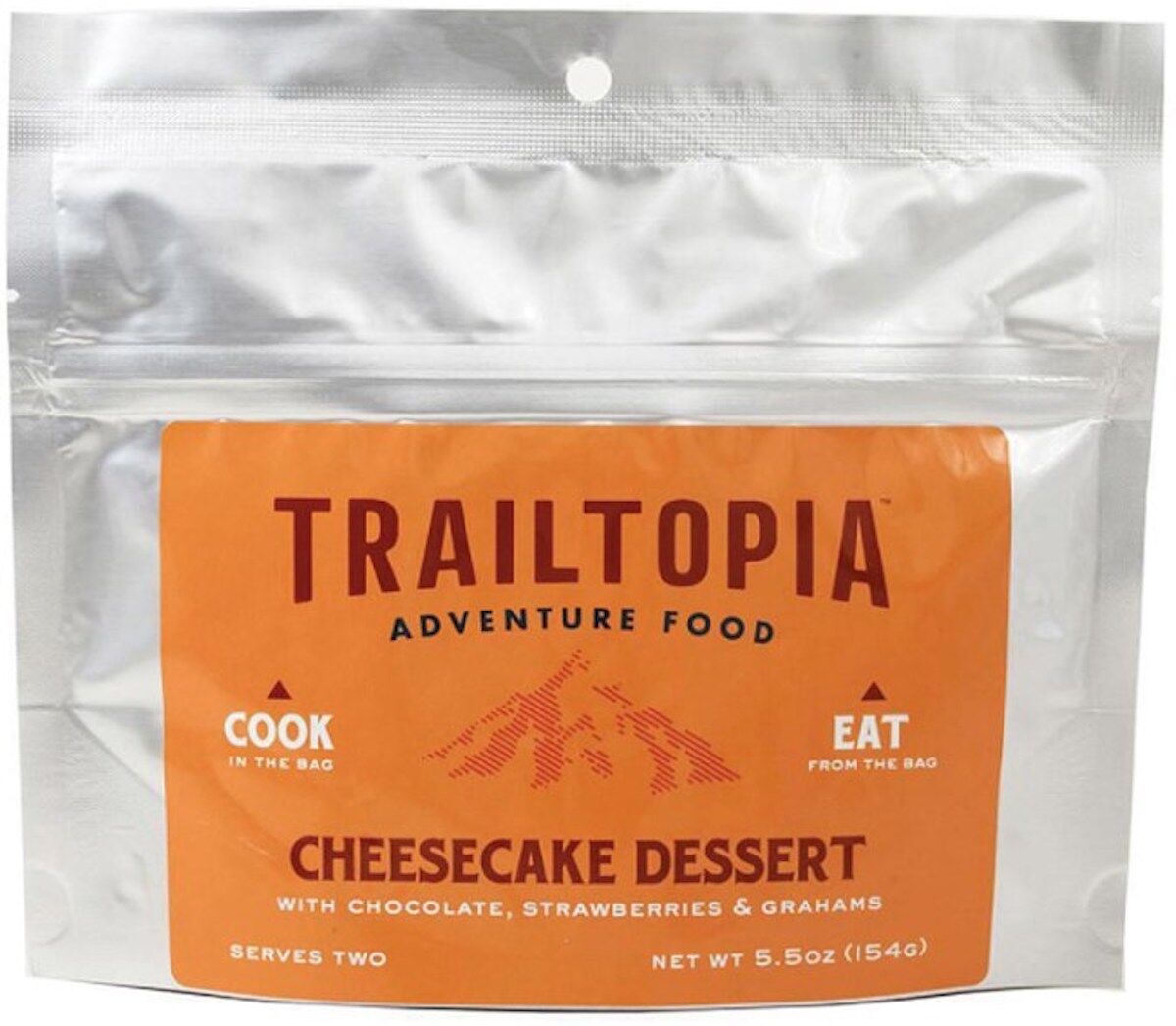 Packaging for Trailtopia Cheesecake Dessert with orange label, one of the best dehydrated meals for camping