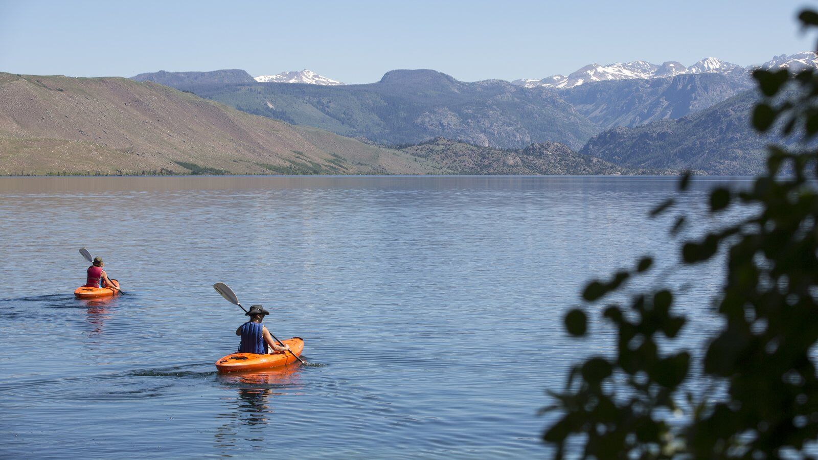 Two paddlers on Fremont Lake, one of the largest lakes in WYoming. 