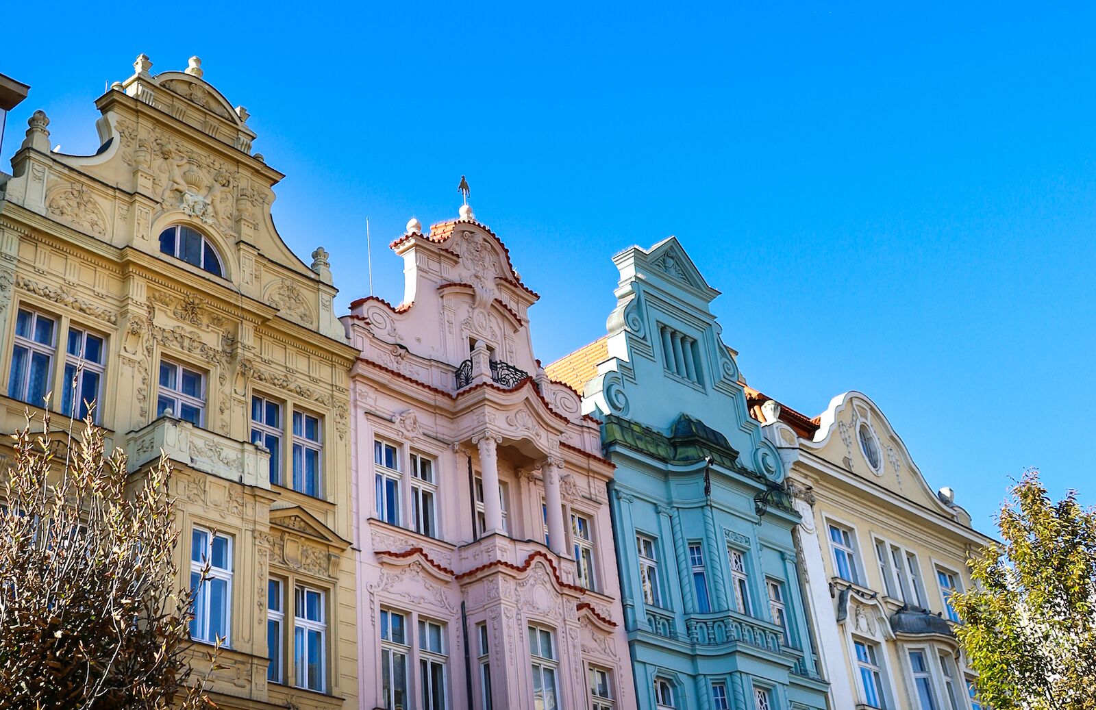 Pastel covered buildings in Pilsen, a town outside of Prague