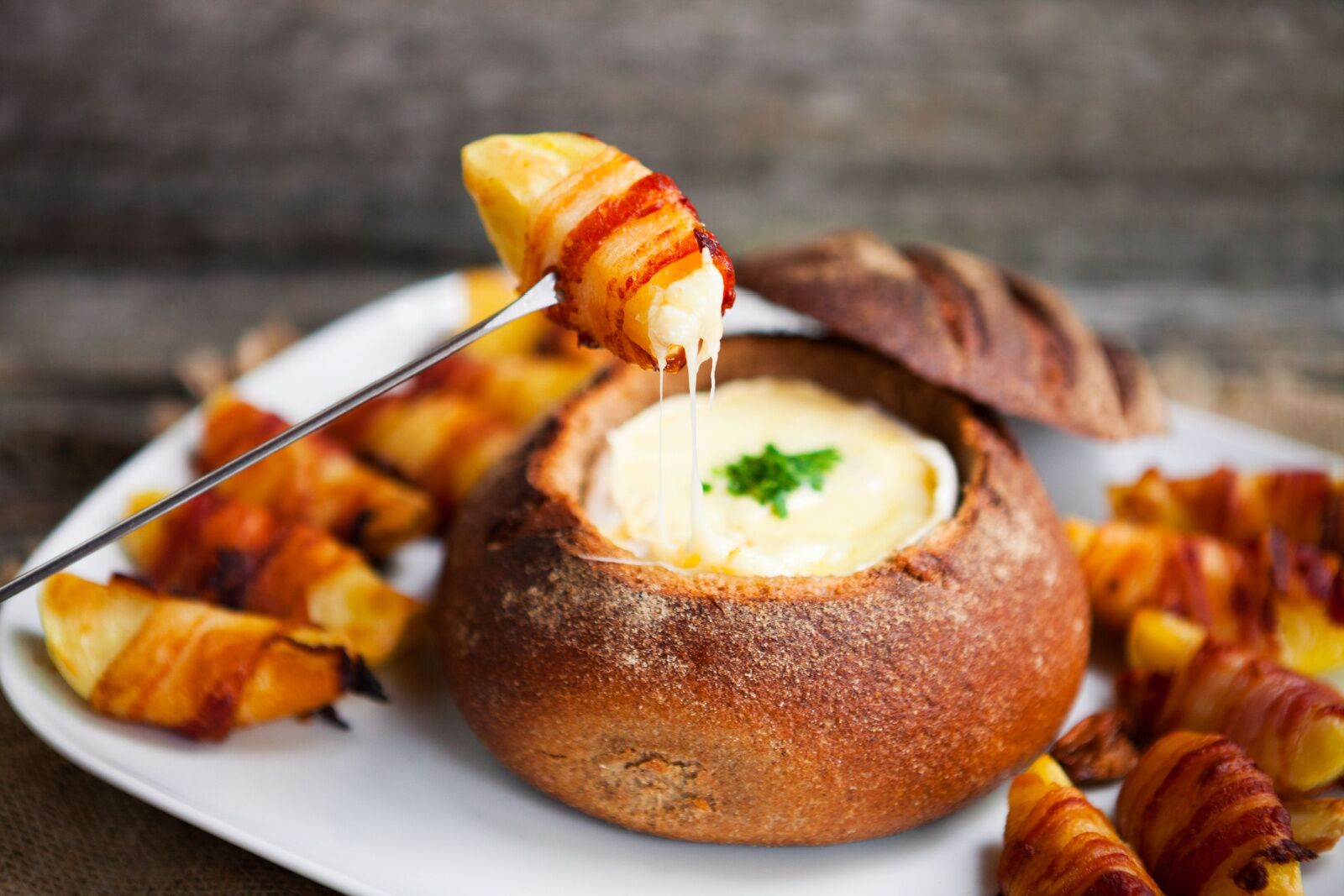 Close up of fondue and potatoes
