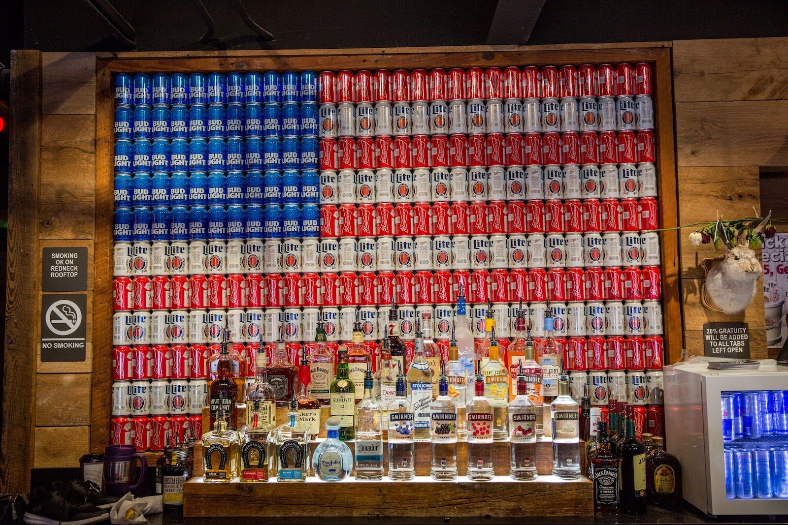 An American flag made out of beer cans at the Redneck Riviera, honky tonk Nashville