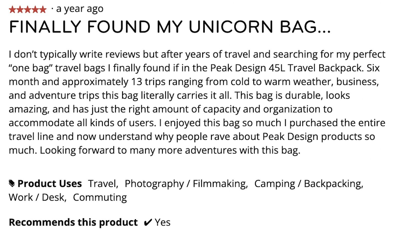 positive review of the 45 liter peak design travel bag
