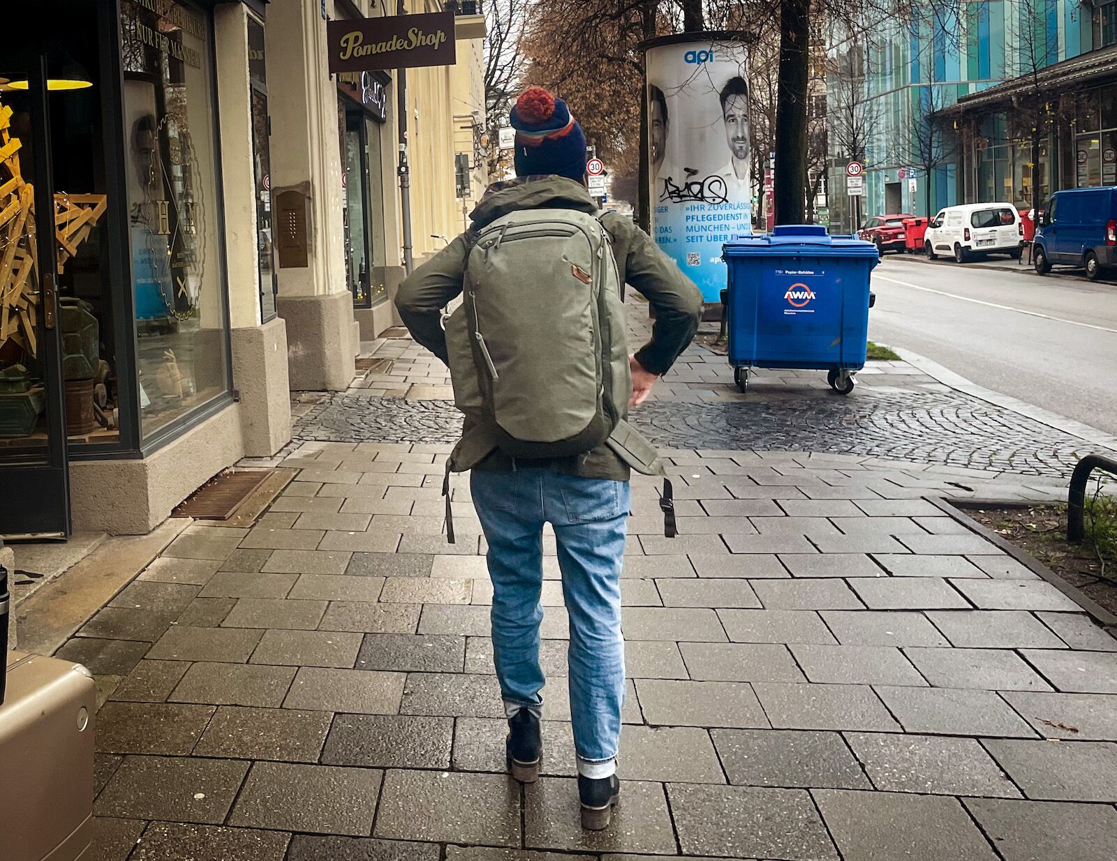 Person wearing the Peak Design travel backpack in Germany