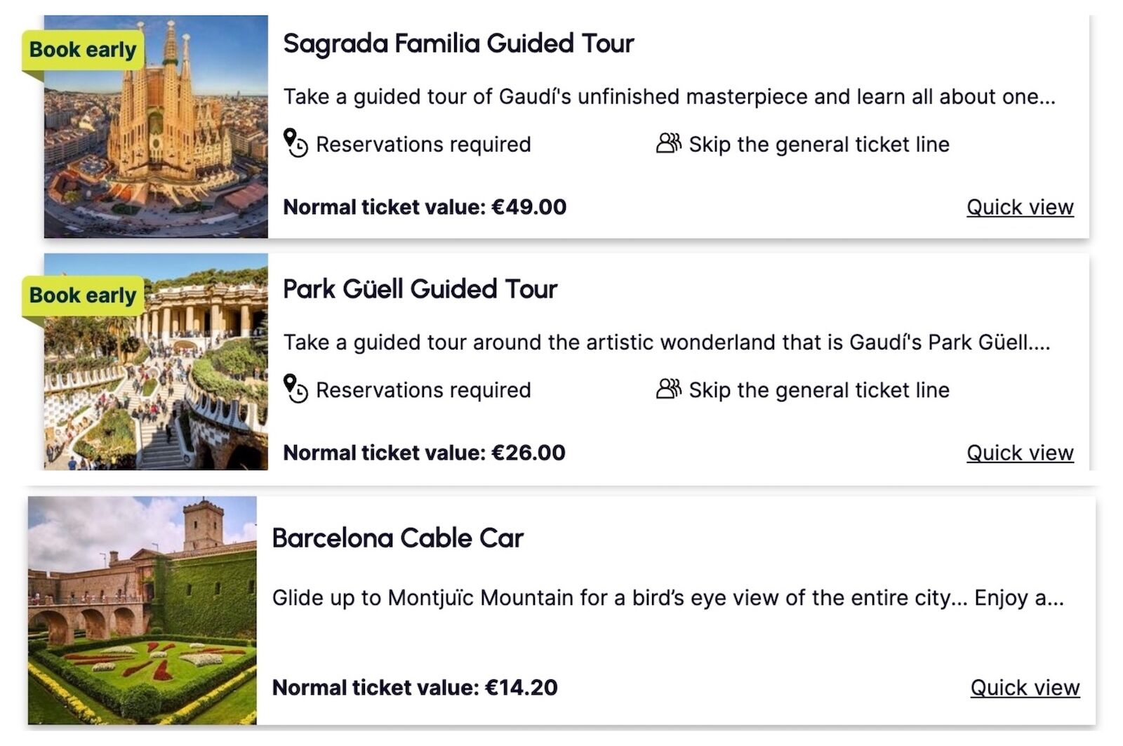 price displayed for attractions in Barcelona on the Go City website