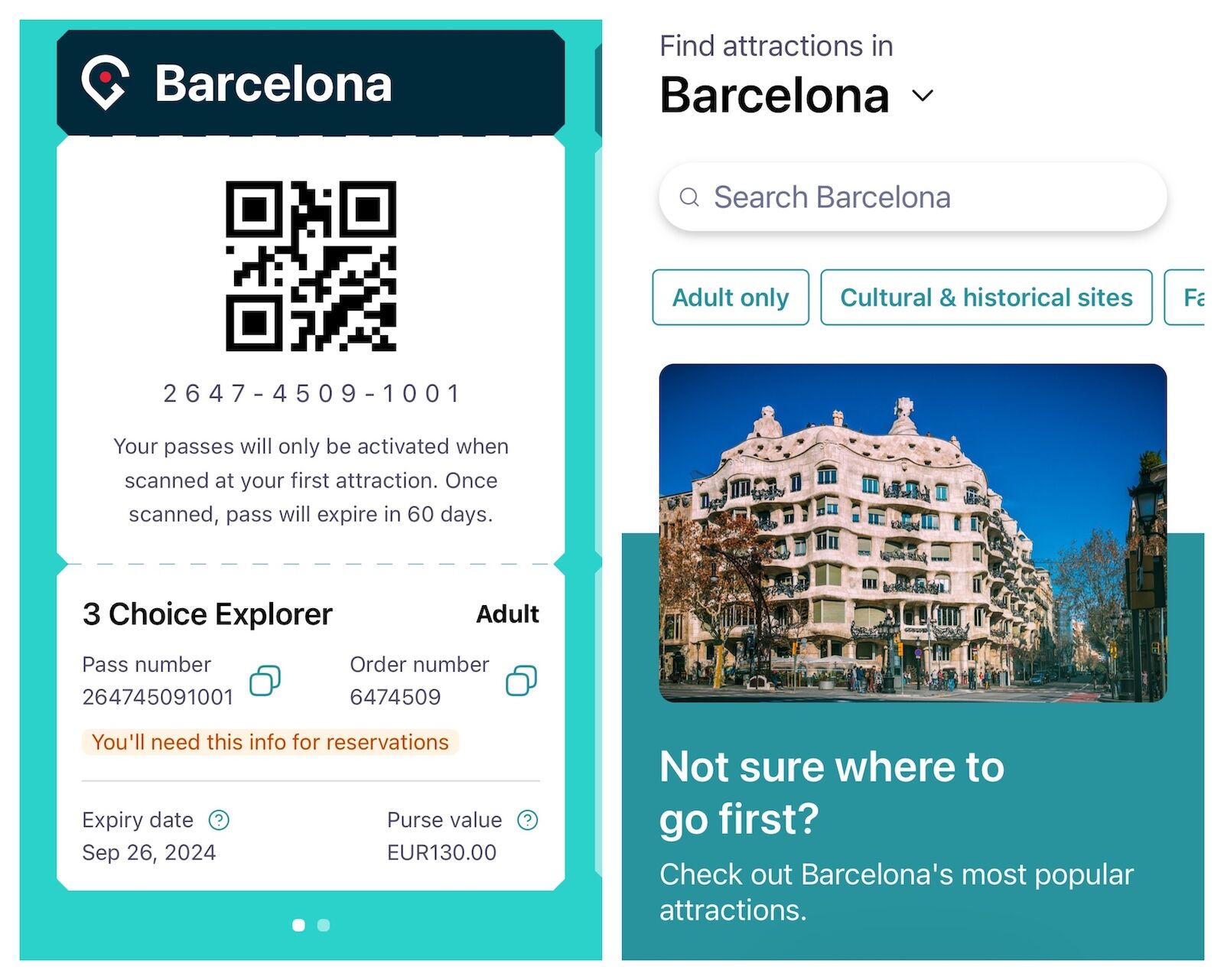 Screenshot of the Go City pass in Barcelona