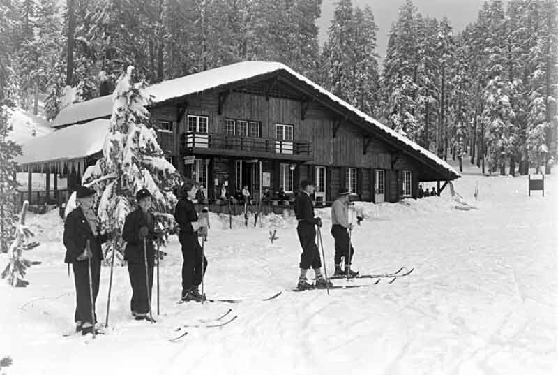 Skiers at badger Pass ski area in yosemite circa 1936.