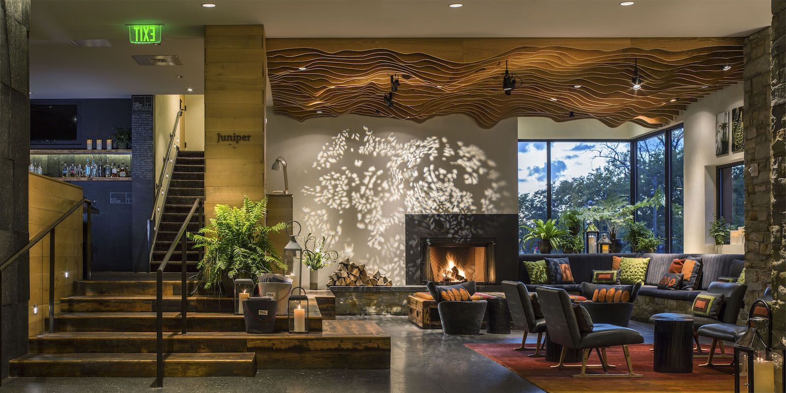the lobby and fireplace at the Hotel Vermont