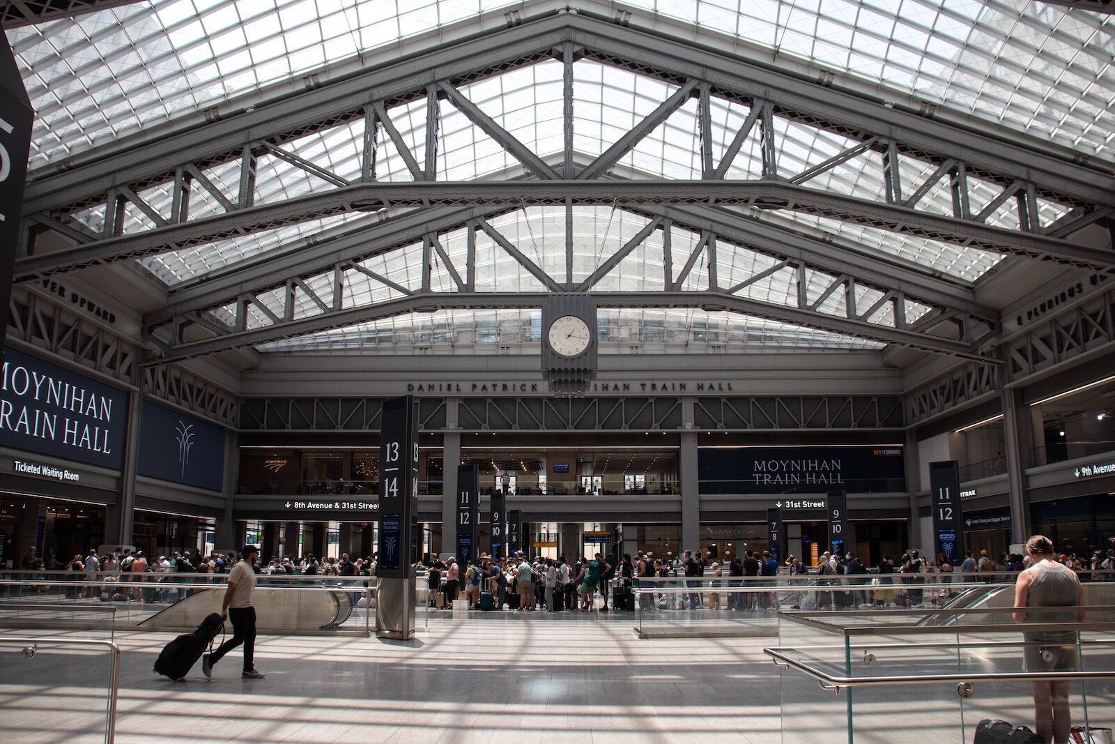 The interior of Moynihan train hall in New York City from where the Amtrak Ethan Allen express