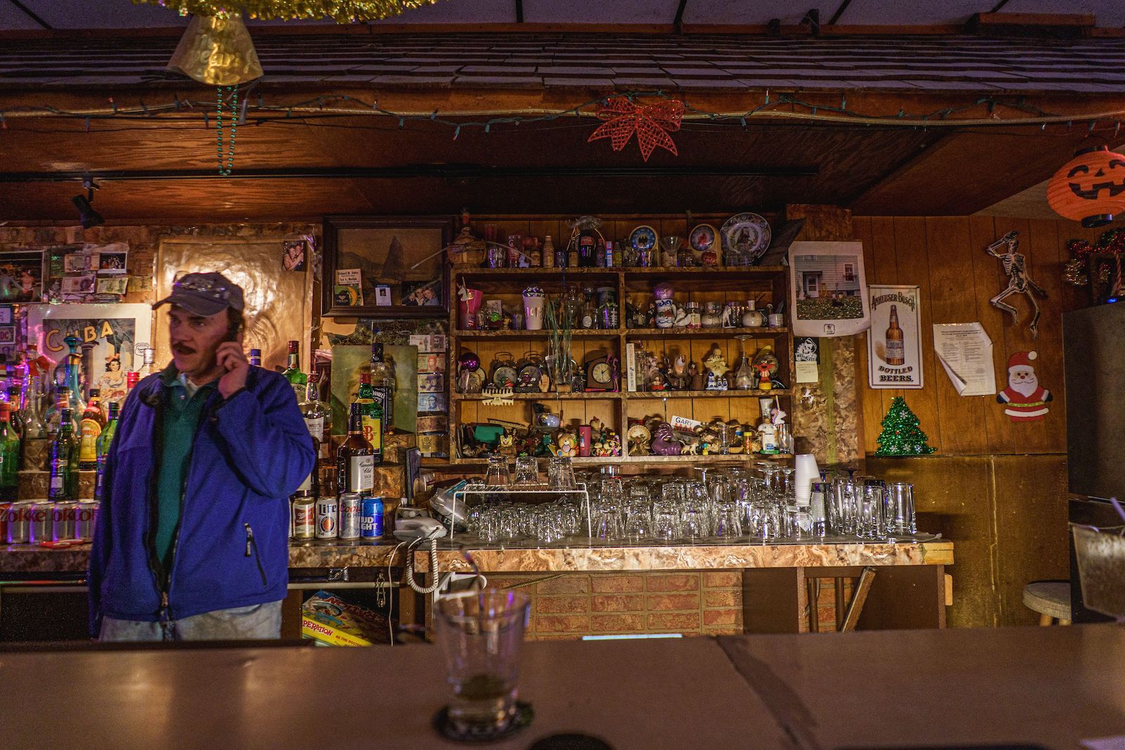 Rose's Lounge dive bar Chicago interior with bartender in blue jacket behind the bar