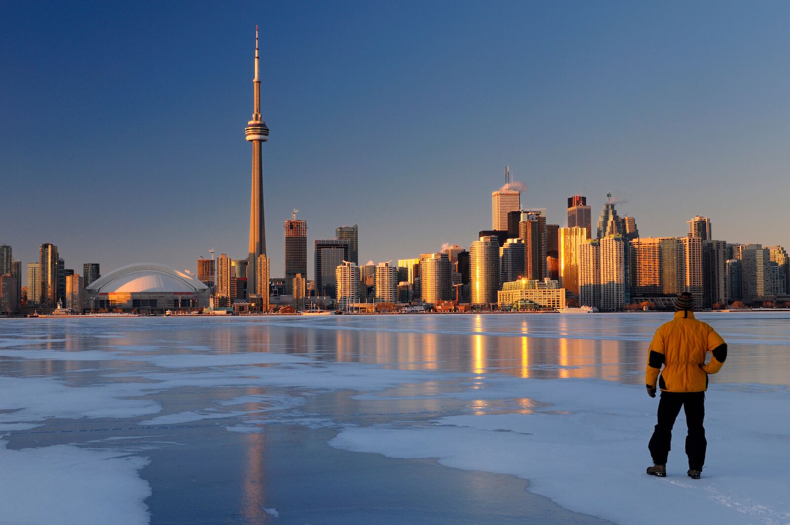 frozen Lake Ontario and the skyline of Toronto
