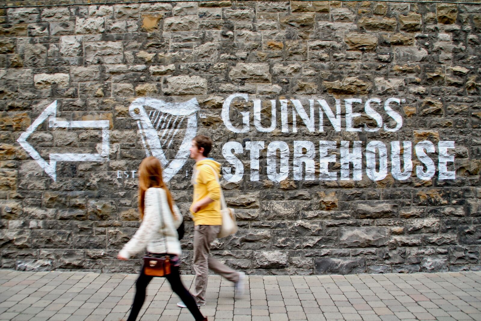 wo youths walk by the a sign of a wall pointing Guinness Storehouse.