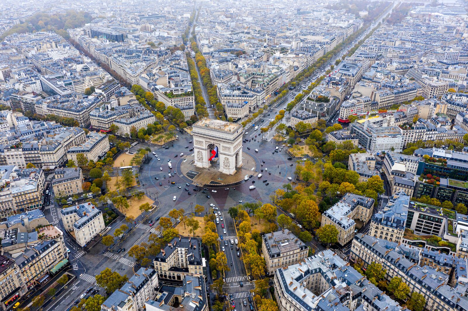 Aerial view of the Arc de Triomphe in Paris