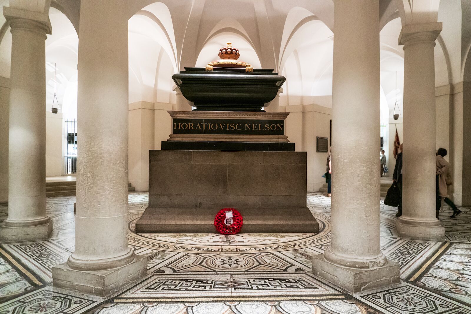 Tomb of British Admiral Horatio Nelson 1758 1805 in the crypt of St Paul's Cathedral .