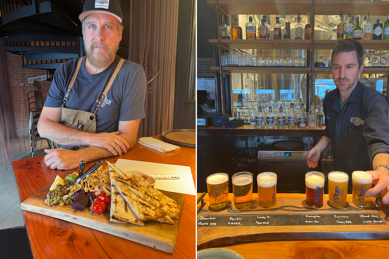 A flgiht of beers at the bar and a sandwich being served at Warfield Distillery and Brewery
