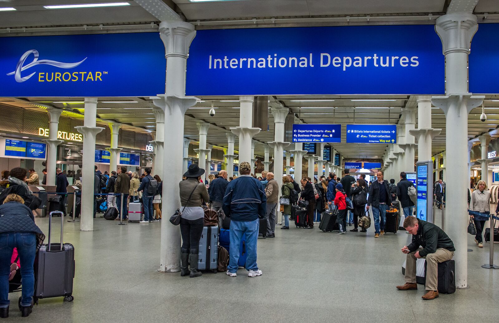London to Brussels train: departure desk at St. Pancras International in London