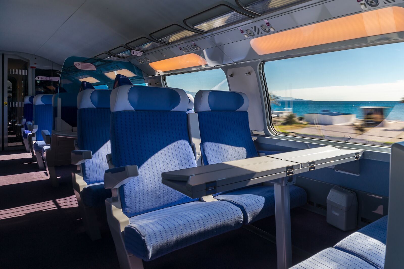 Seats inside the TGV InOui, the high-speed train that runs between Paris and Barcelona