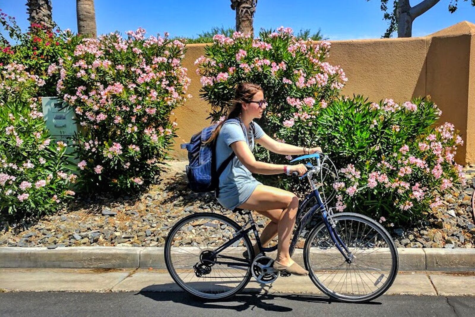 Biking through palm springs between Palm Springs vacation rentals 