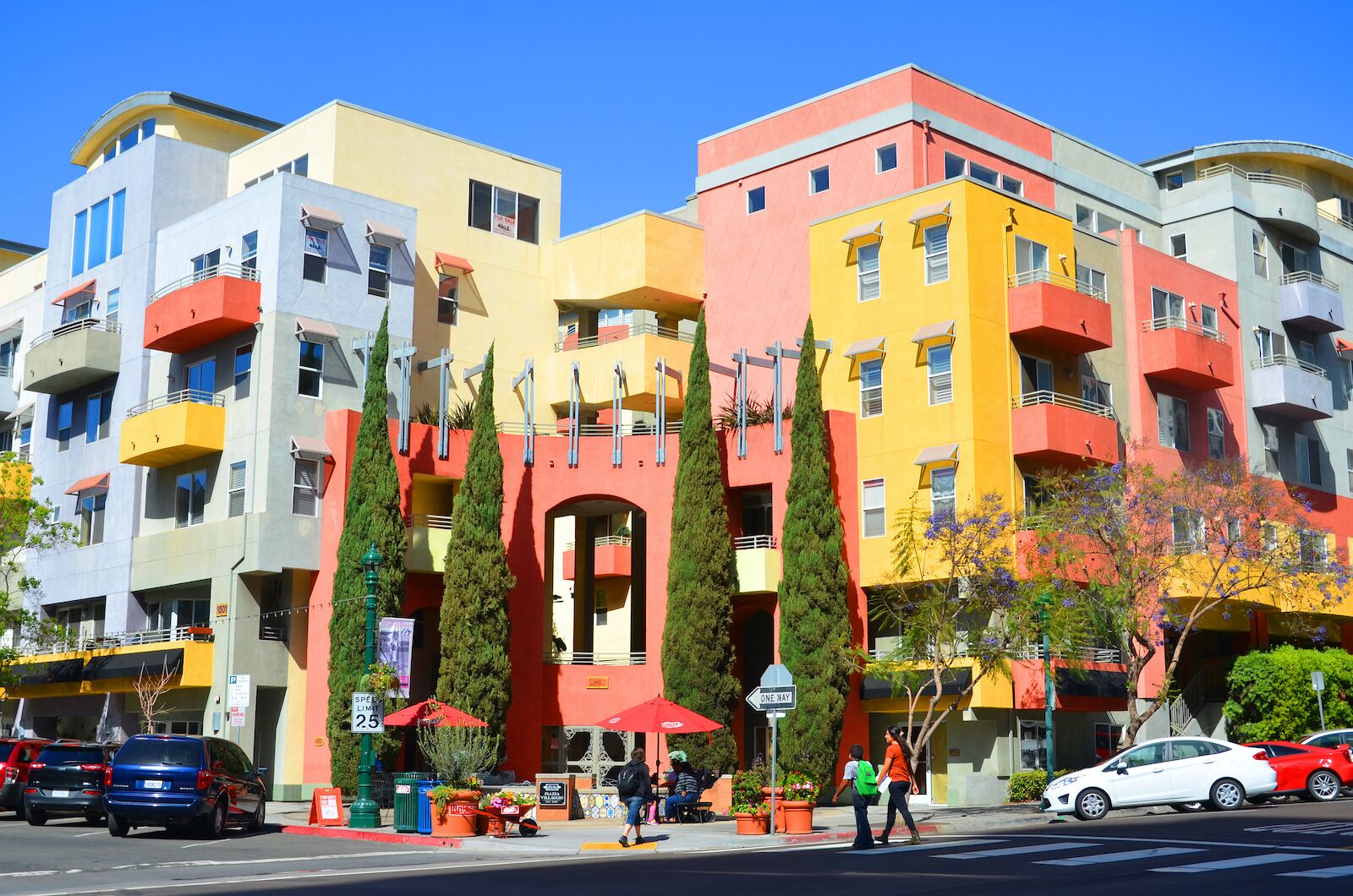 A neighborhood with colorful apartments in Little Italy San Diego