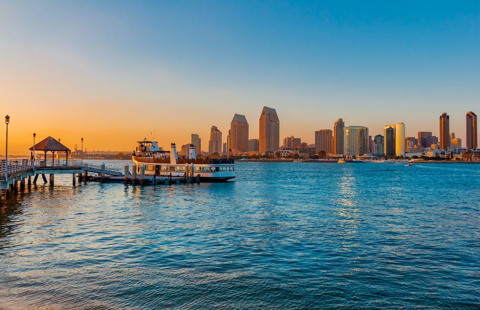 The San Diego skyline with the ferry in the foreground at sunset