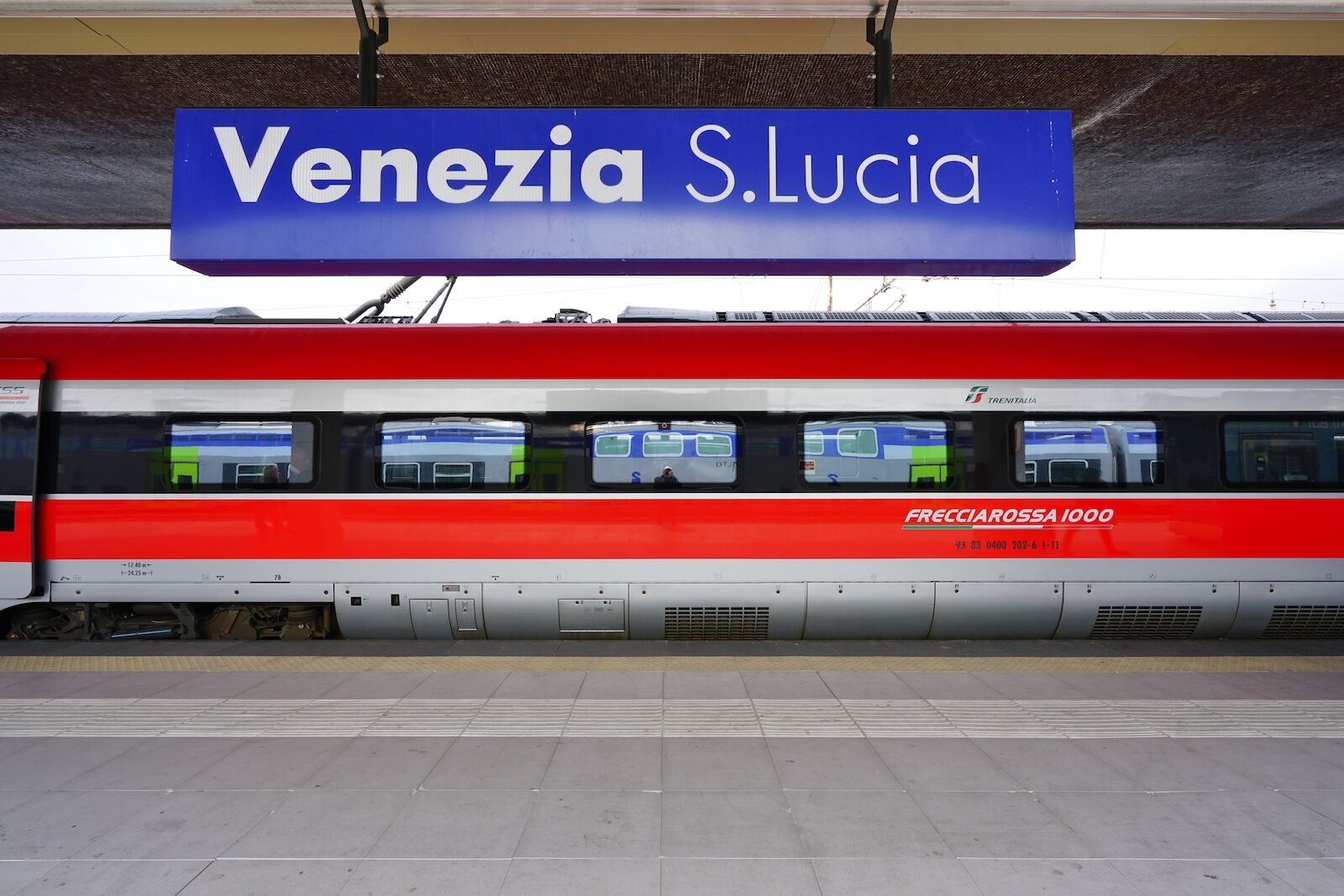 The Italian high-speed train Frecciarossa 1000 arriving in Venice S Lucia train station