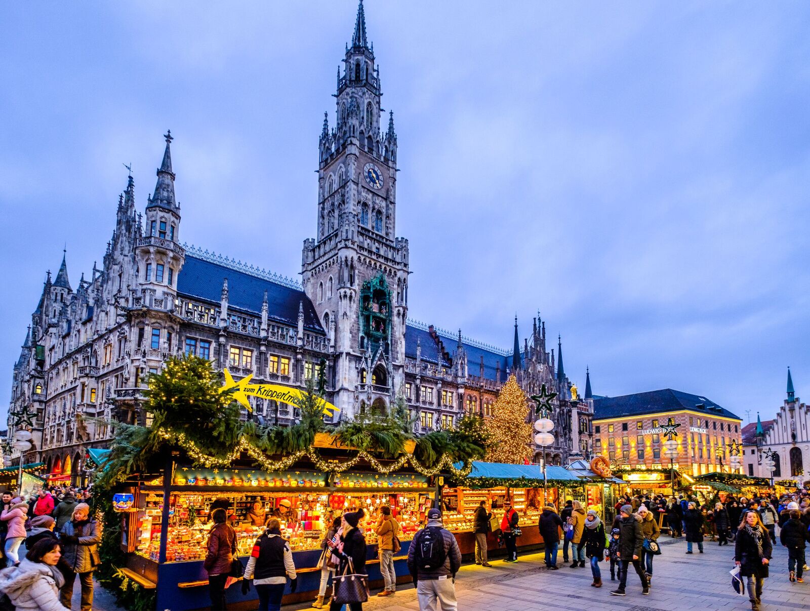 christmas market in munich at sunset