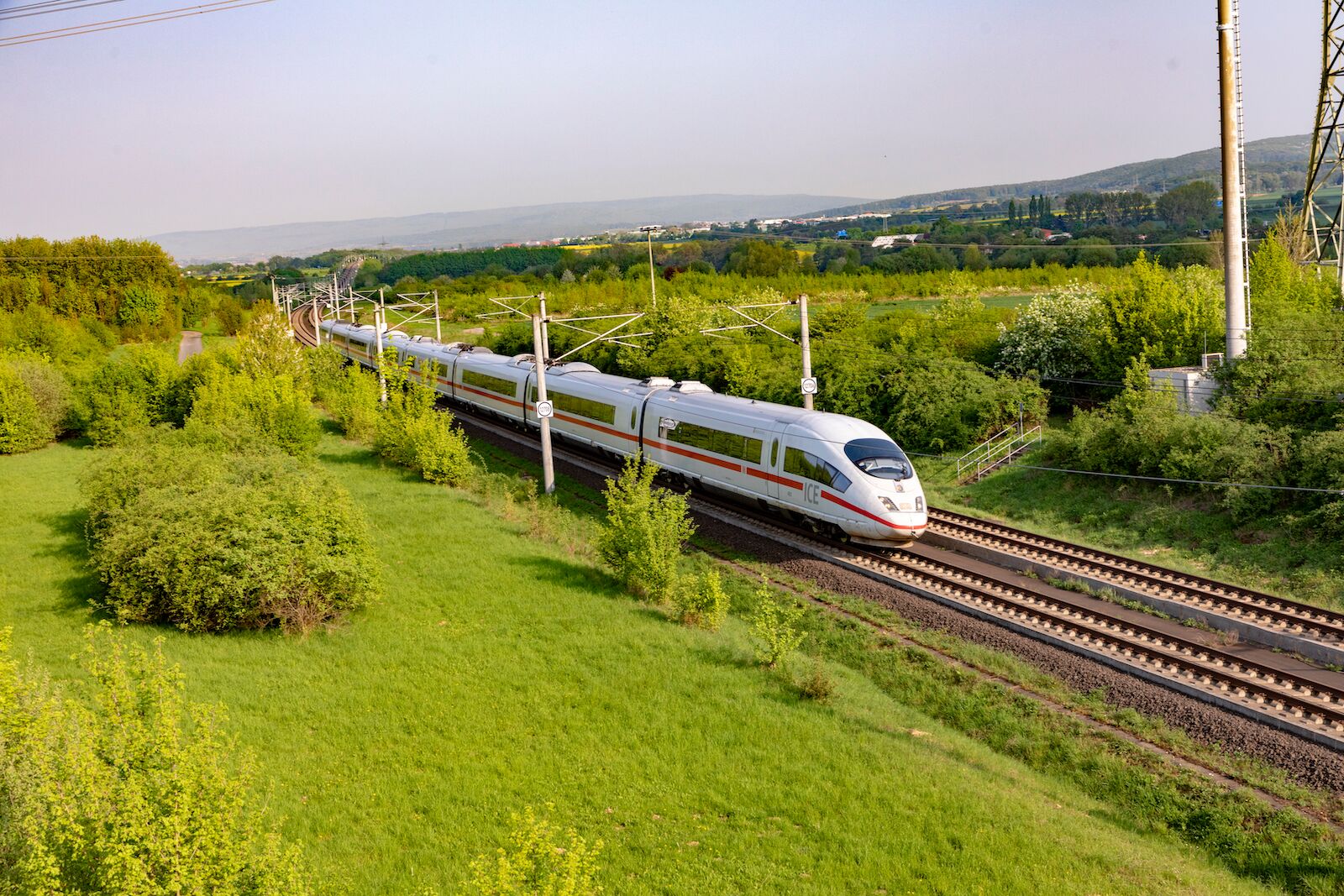 ICE 3 train operating in Germany. The ICE 3 train is the fastest train in Europe.