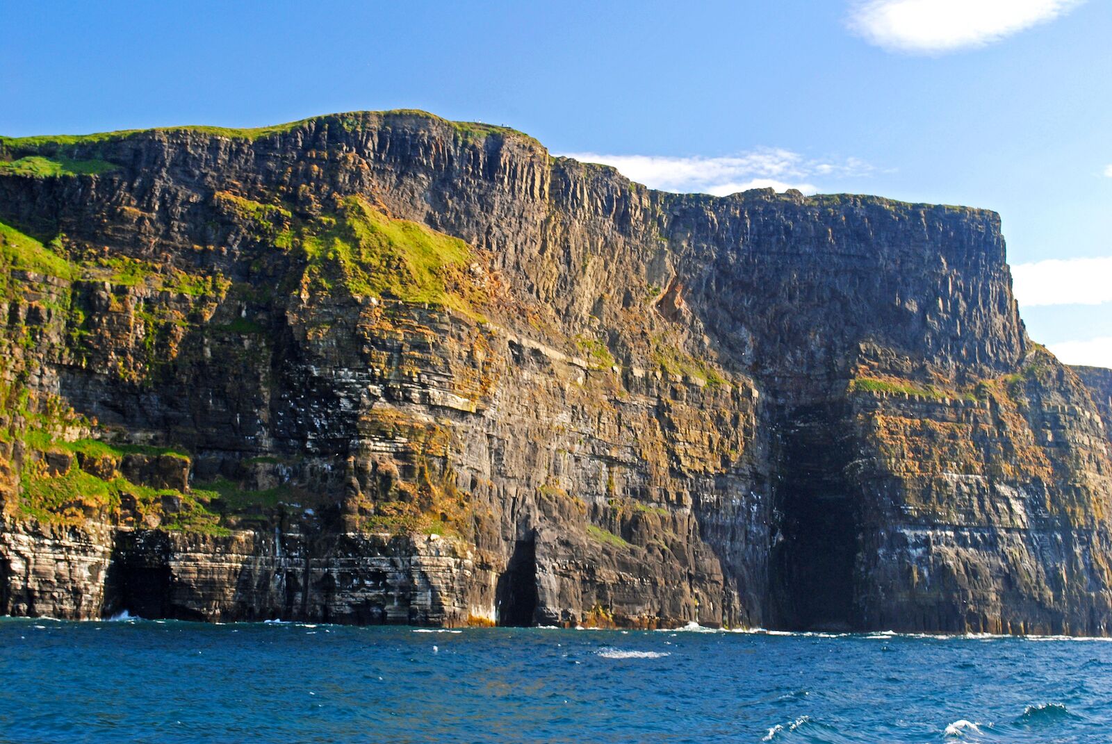 The Cliffs of Moher from a boat tour. The Harry Potter cave featured in "Harry Potter and the Half-Blood Prince" is visible.