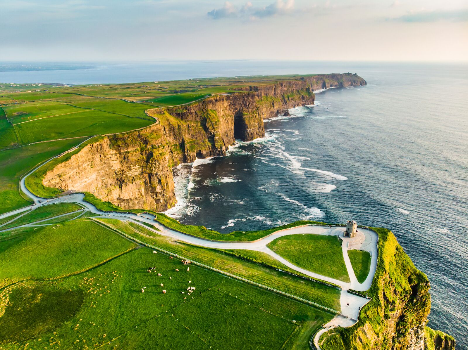 Cliffs of Moher paved pathway and O'Brien's Tower