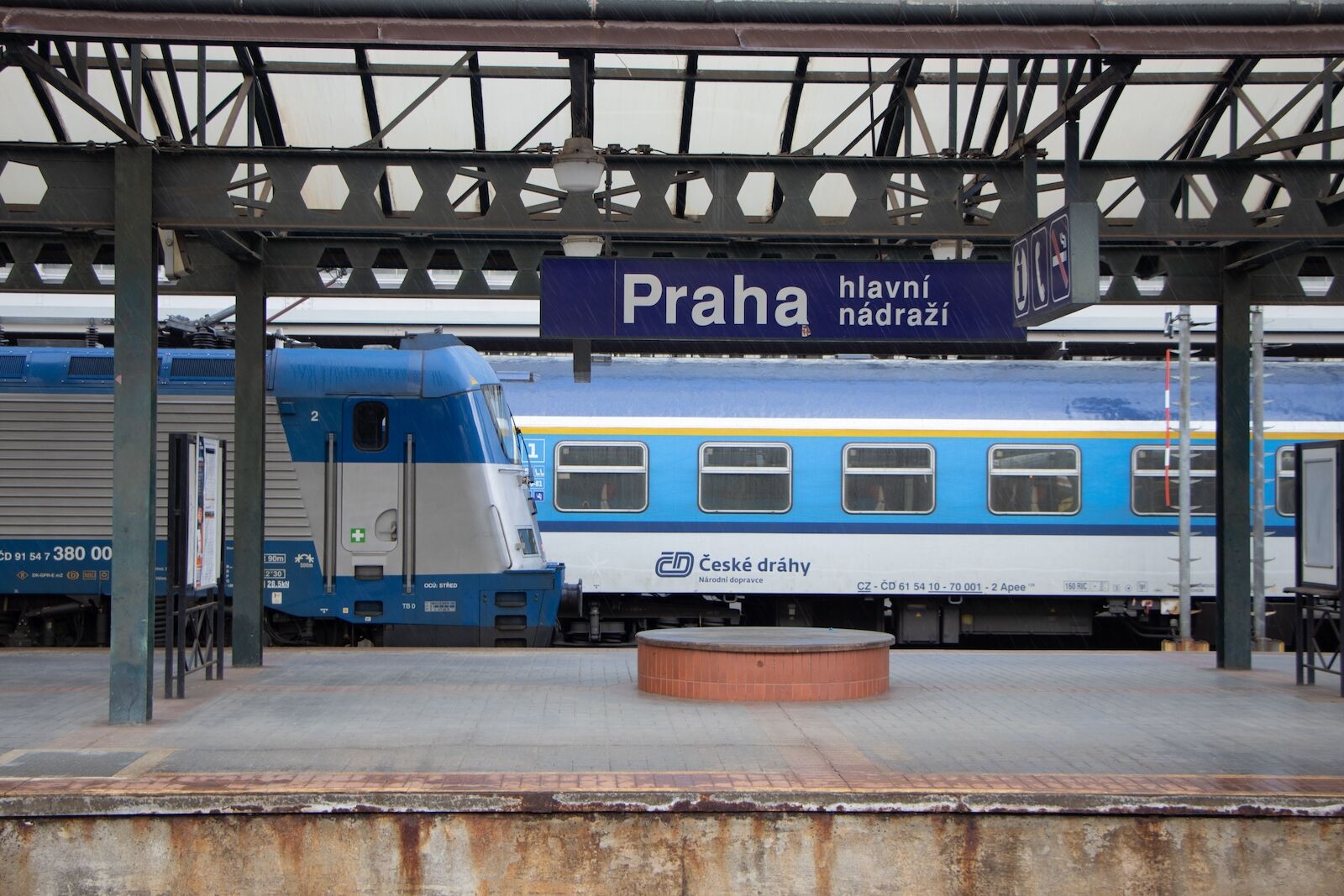 Trains stopped in the main train station in Prague where the Berlin to Prague train stops