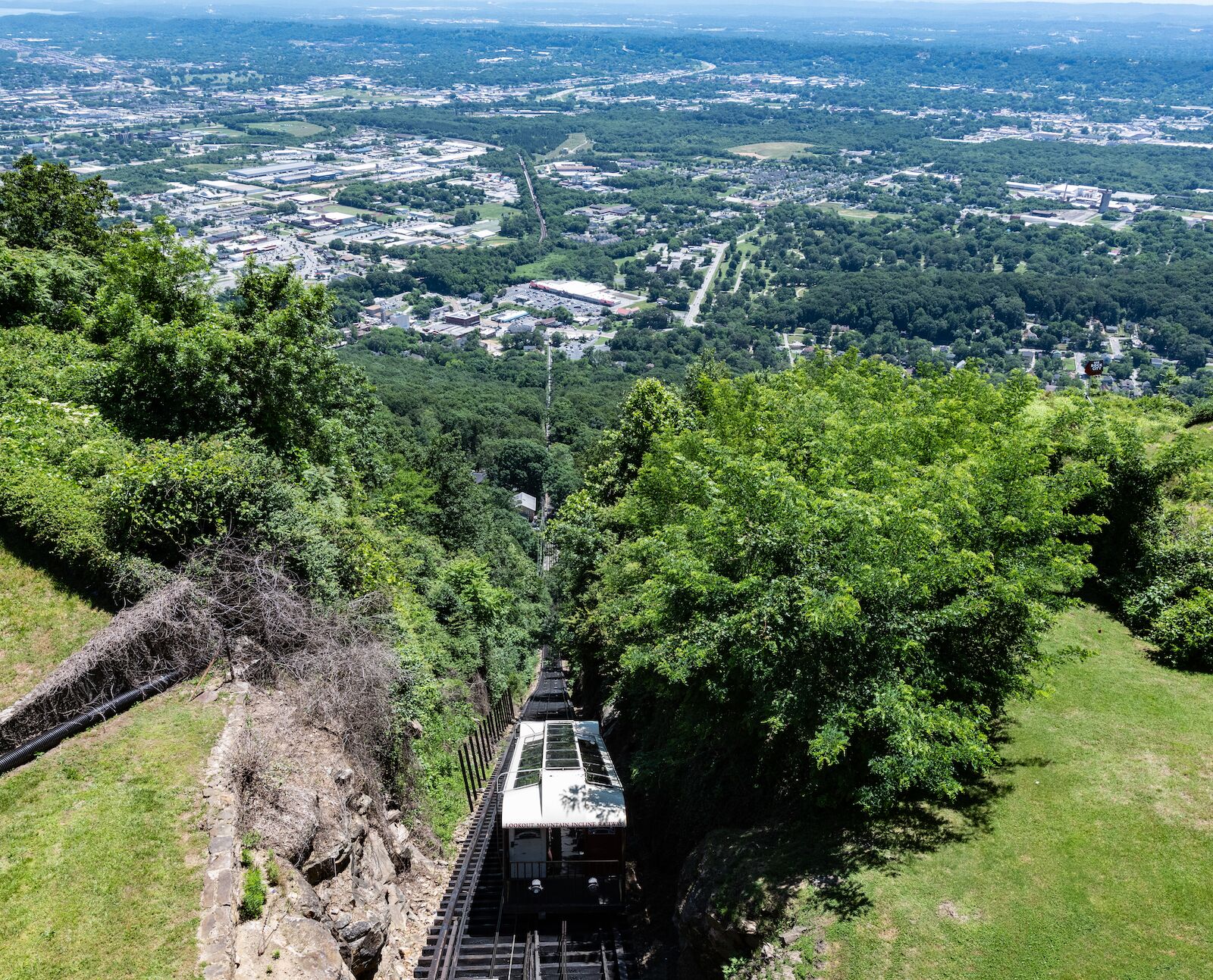 Chattanooga, Tennessee/ USA - June 6, 2018: Panoramic view of The Incline on Lookout Mountain looking down into the Tennessee River Valley. Built in 1895, this railway claims to be world's steepest.