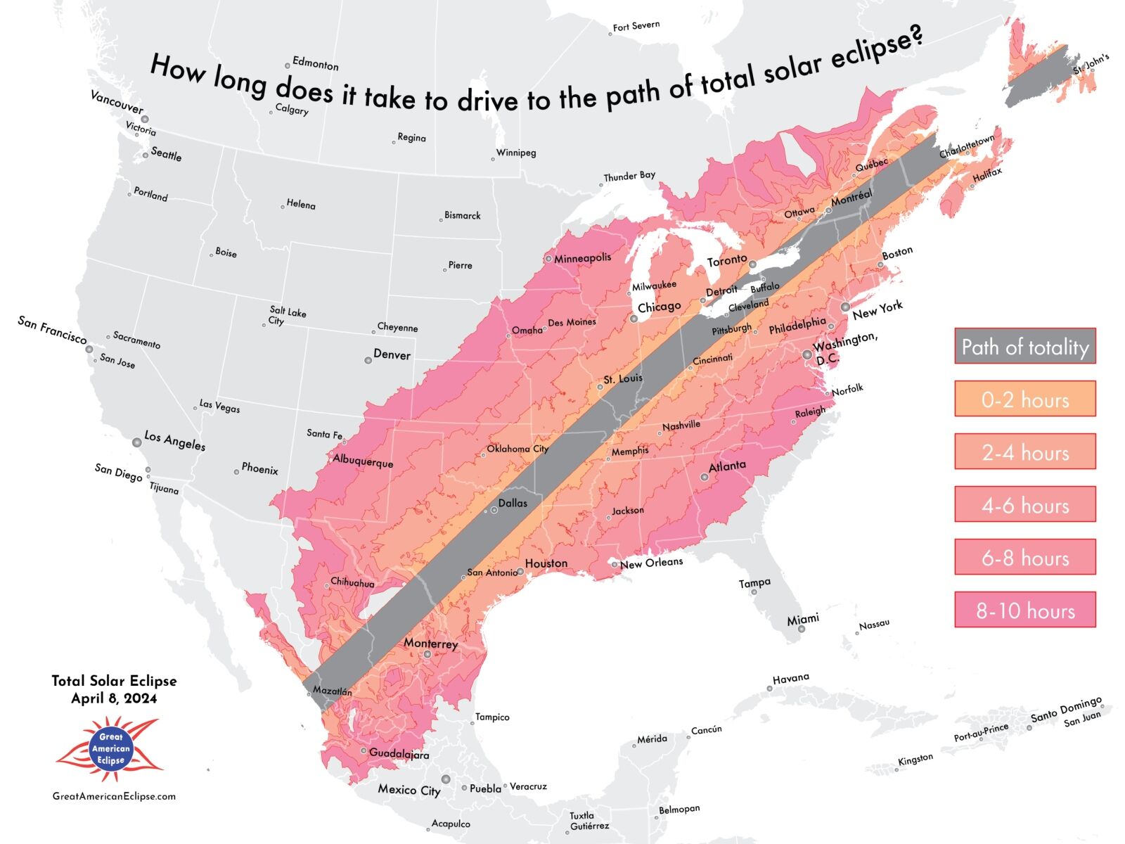 2024 solar eclipse map detailing driving times