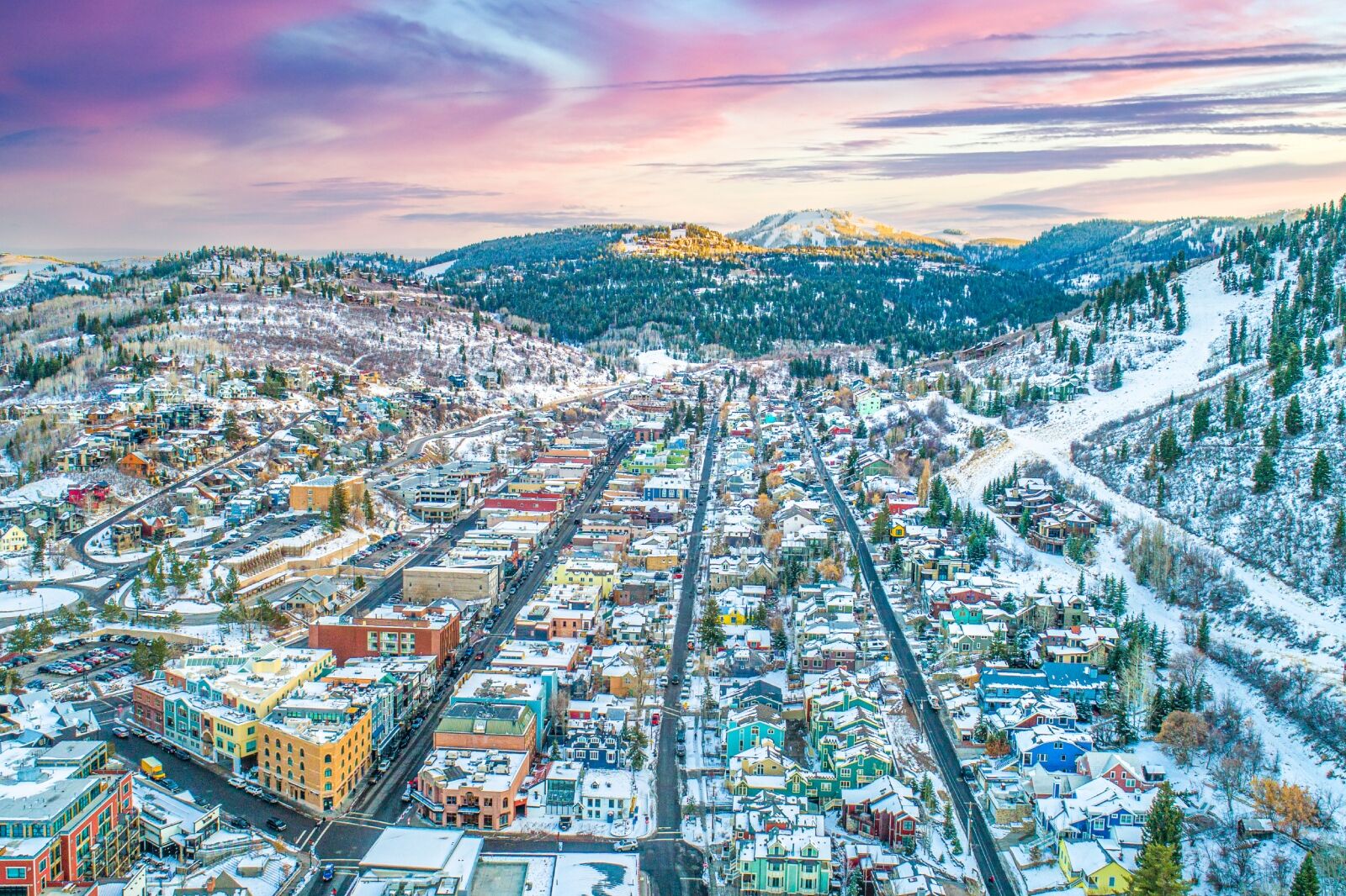 Park City, Utah, USA Downtown Skyline Aerial.