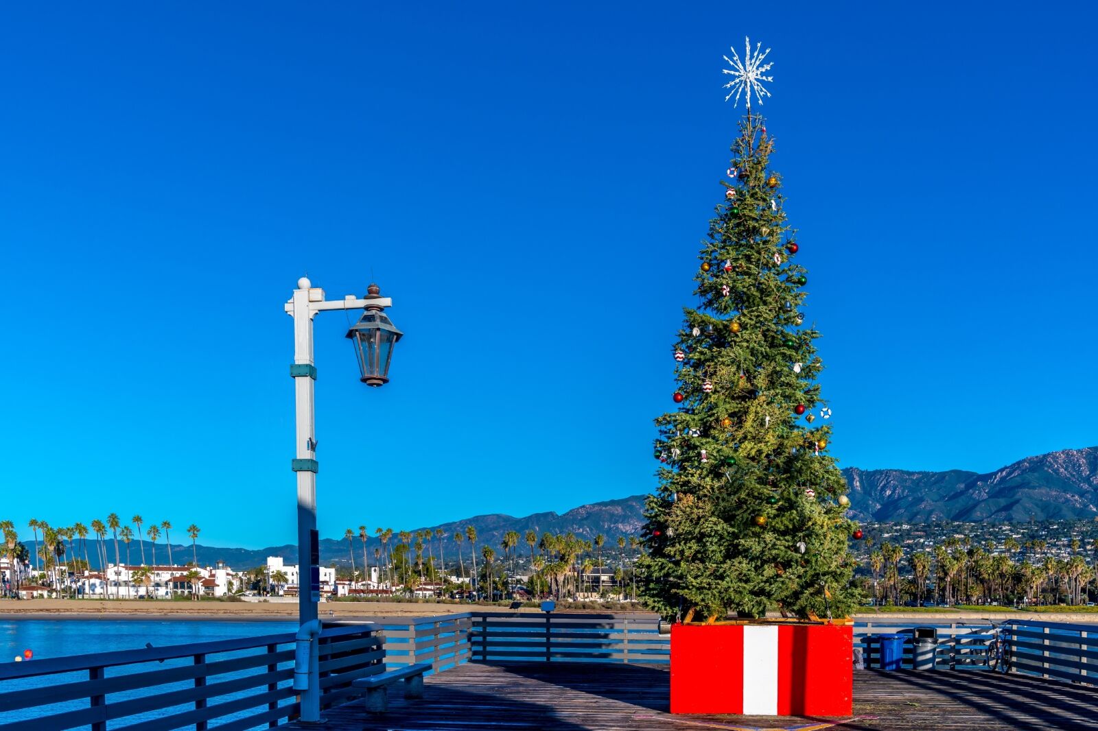 Santa Barbara water front with a big Christmas tree during Christmas time