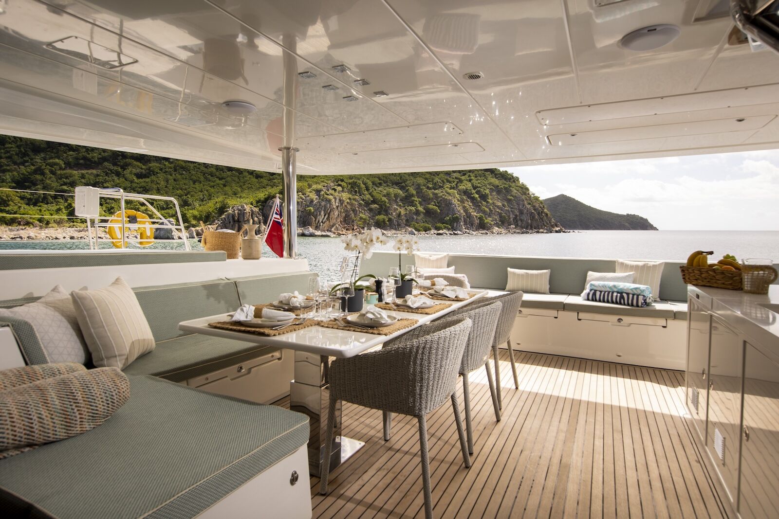 salon on the catamaran with nomada at sea