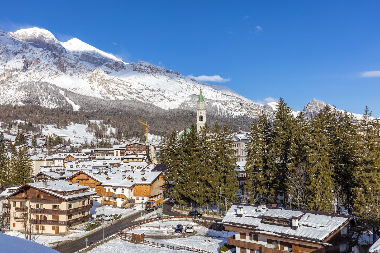 Ski town of Cortina d'Ampezzo in Italy. The sleeper train Espresso Cadore goes from Rome to Cortina d'Ampezzo.