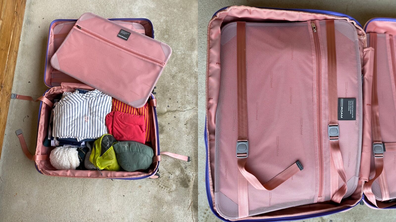 The compression boards on the Check-In Expendable suitcase by Roam Luggage