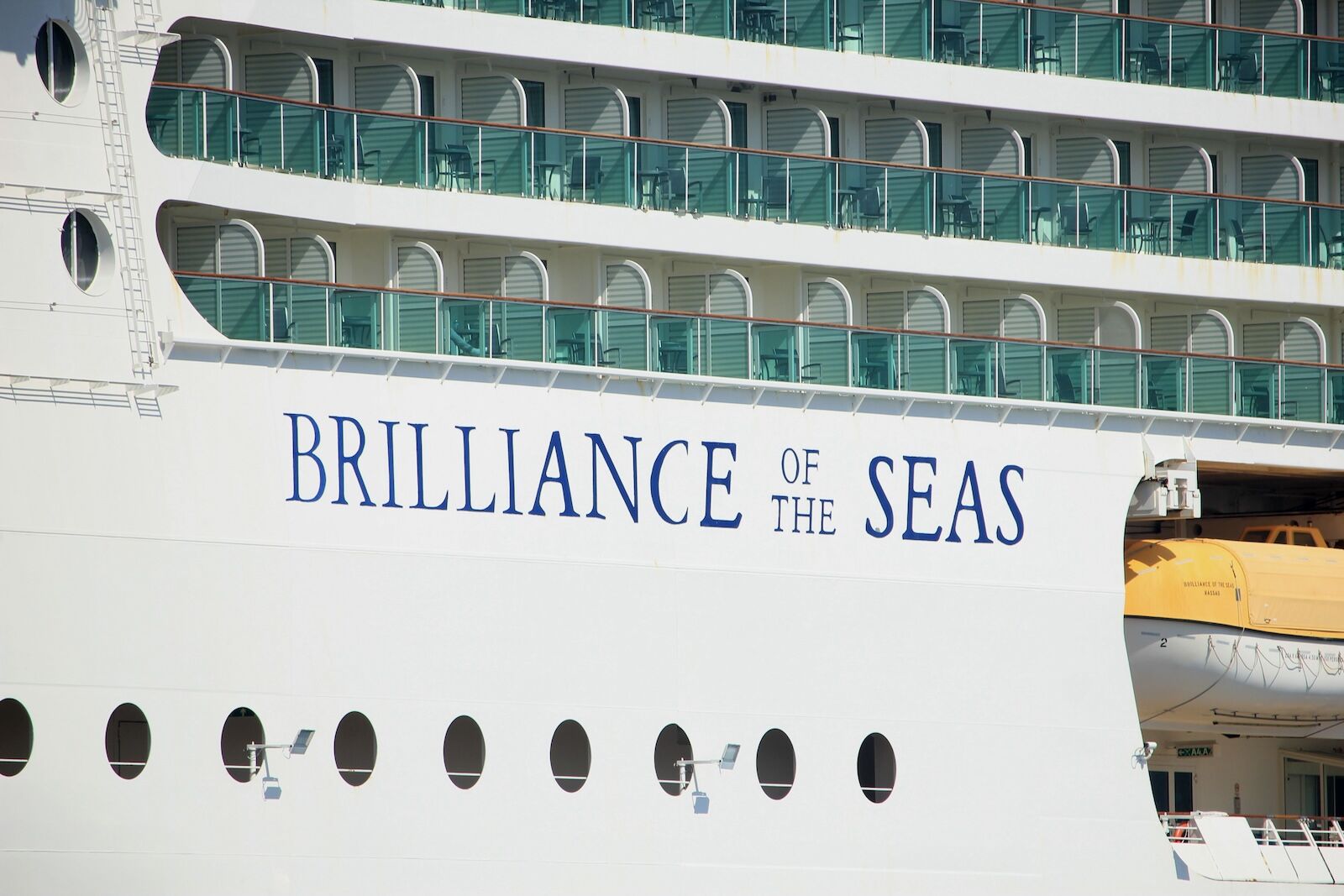 Velsen, the Netherlands - April, 20 2018: Velsen, the Netherlands - April, 20 2018: MS Brilliance of the Seas in North Sea Canal, detail of name